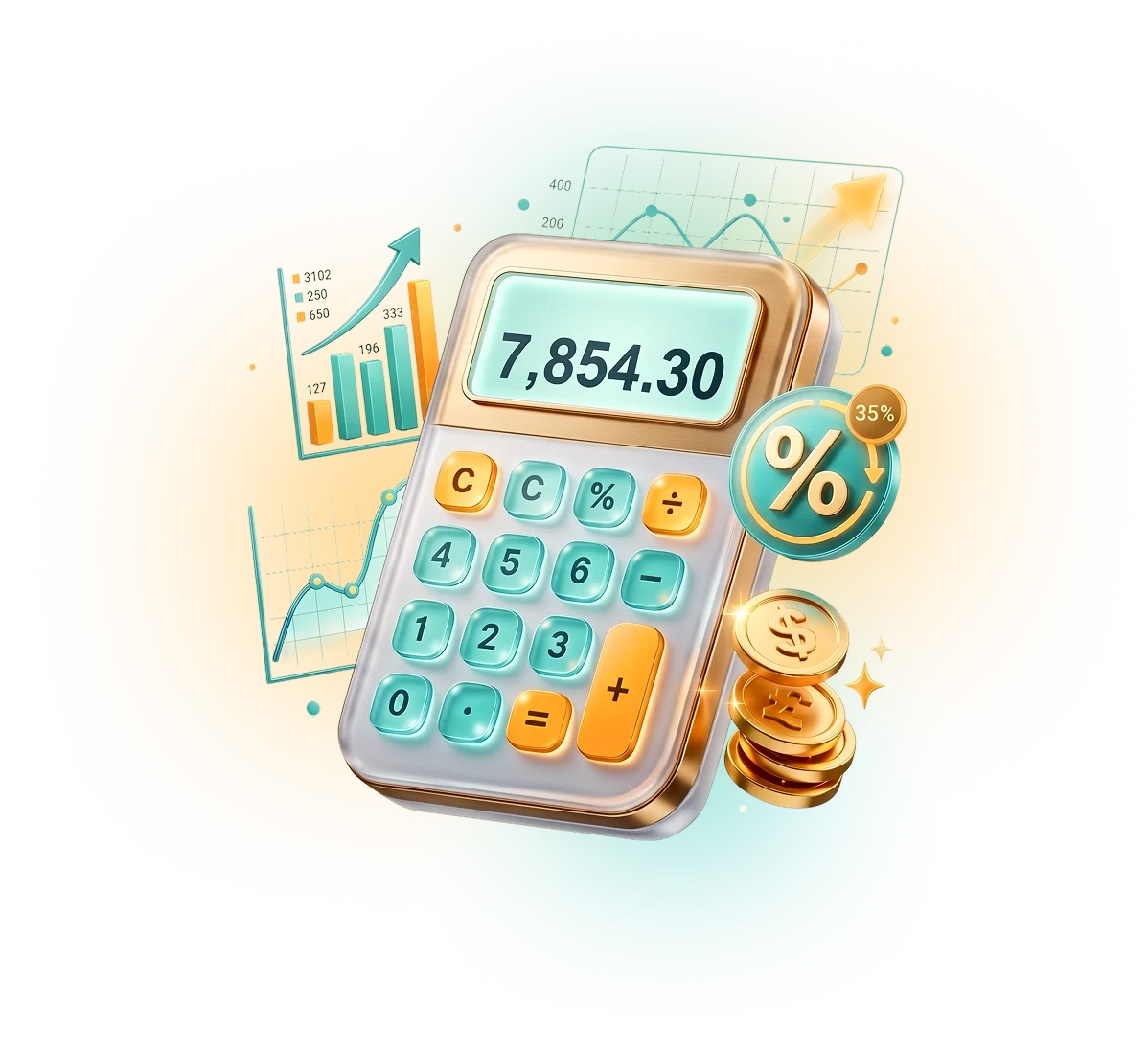 Calculadora exibindo o valor 7,854.30 com gráficos e moedas